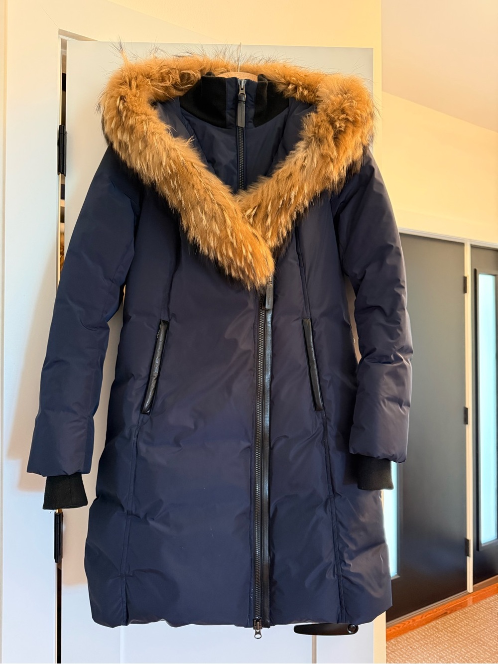 Mackage Navy Down Puffer Coat with Tan Faux Fur Hood Trim